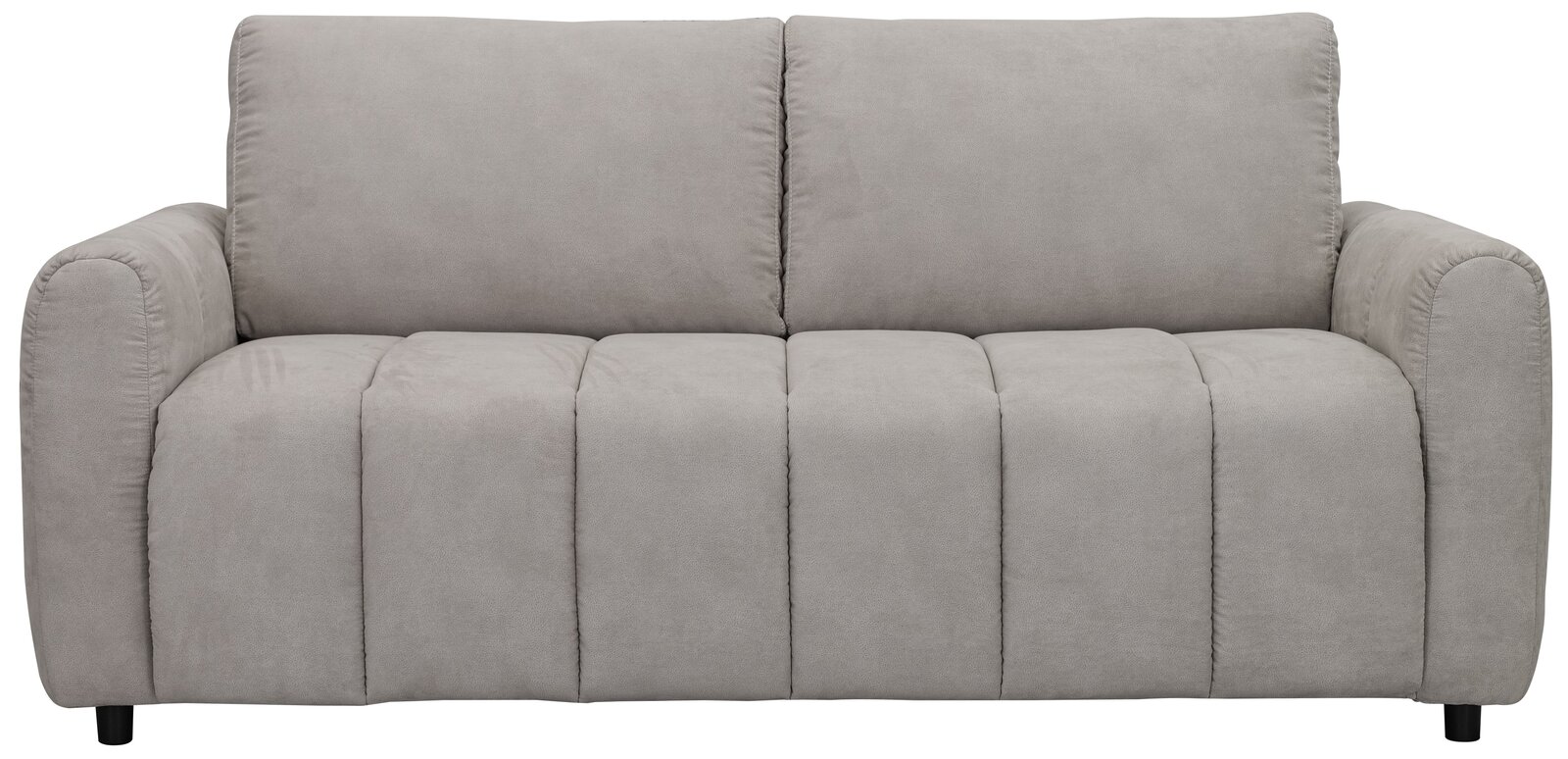 Graues Funktionssofa in Frontalansicht mit gepolsterten Armlehnen und Rückenlehne.