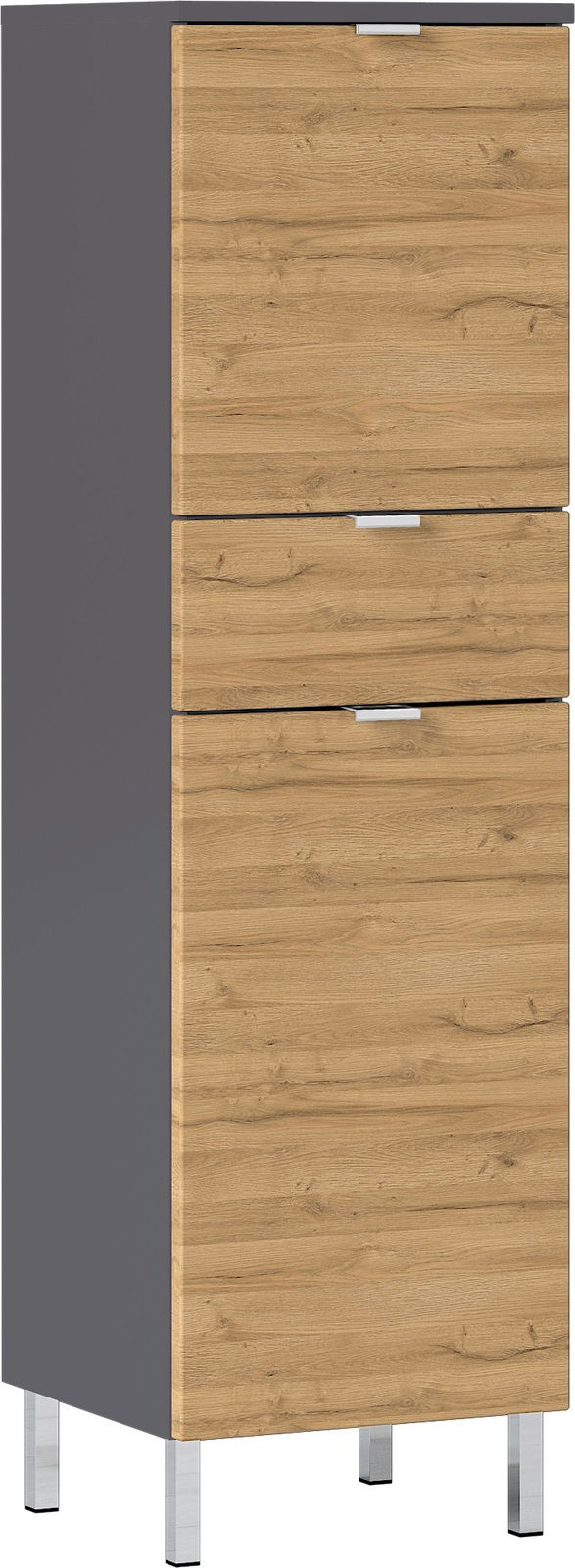 Moderner Schrank mit drei Schubladen in Holzoptik und grauen Seitenwänden, auf silbernen Beinen stehend, seitliche Perspektive.