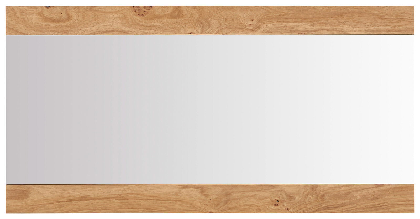 Rechteckiger Wandspiegel mit breitem Rahmen aus hellem Holz oben und unten, Frontansicht