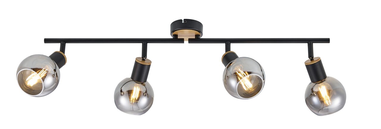 Moderner Deckenstrahler mit vier verstellbaren Leuchten, schwarzes Metall und Holzdetails, seitliche Perspektive.