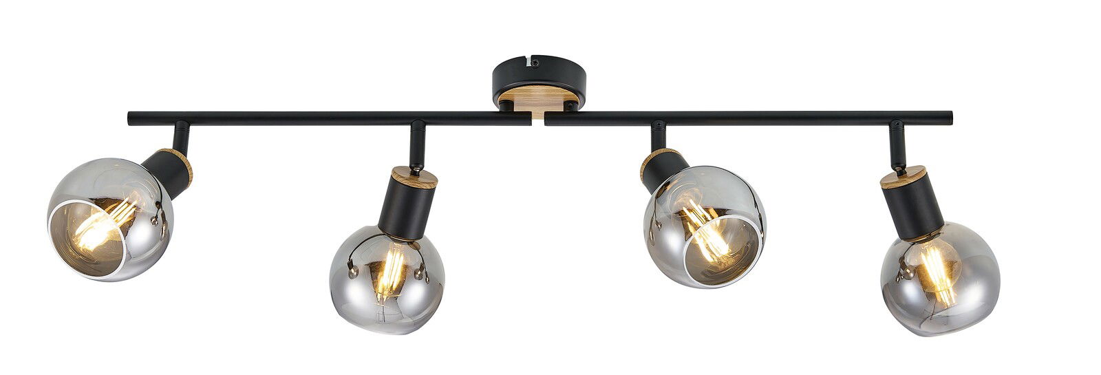 Moderner Deckenstrahler mit vier verstellbaren Leuchten, schwarzes Metall und Holzdetails, seitliche Perspektive.