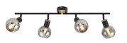 Moderne plafondspot met vier verstelbare lampen, zwart metaal en houten details, zijaanzicht.