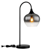 Moderne Tischleuchte MAXY mit schwarzem Gestell und rauchgrauem Glasschirm, seitliche Perspektive