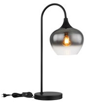 Moderne Tischleuchte MAXY mit schwarzem Gestell und rauchgrauem Glasschirm, seitliche Perspektive
