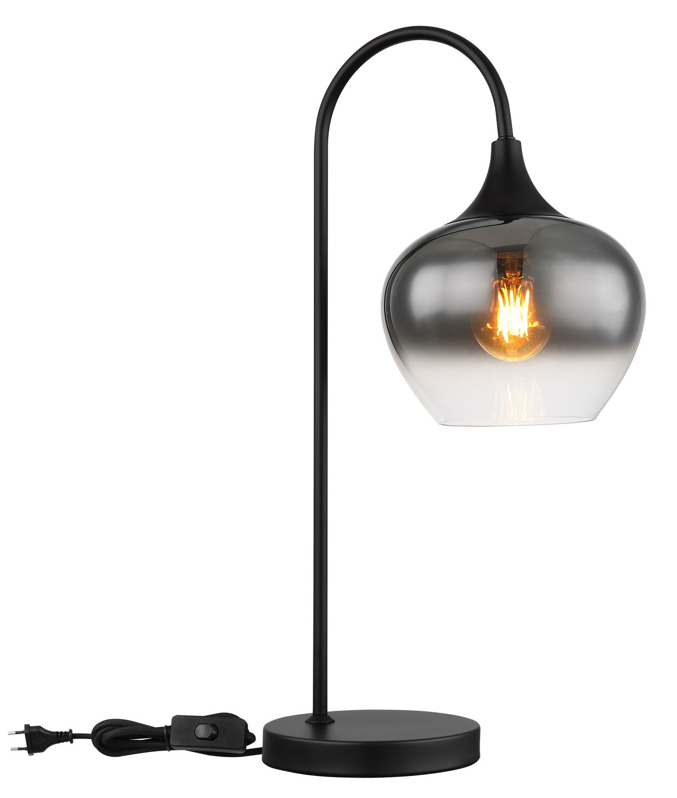 Moderne Tischleuchte MAXY mit schwarzem Gestell und rauchgrauem Glasschirm, seitliche Perspektive