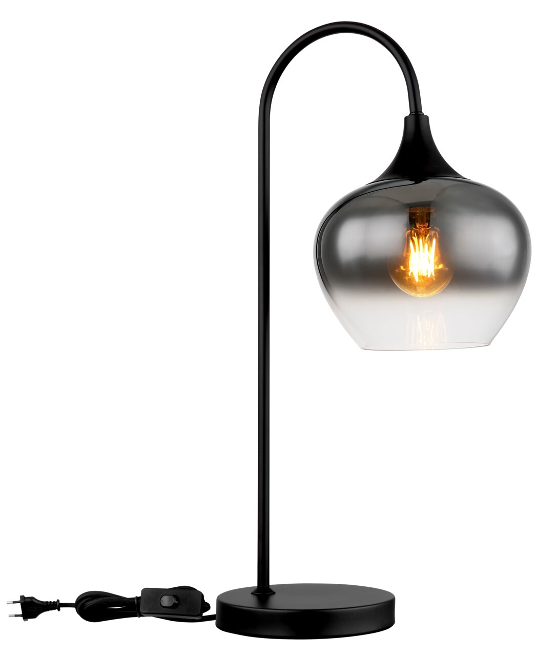 Moderne Tischleuchte MAXY mit schwarzem Gestell und rauchgrauem Glasschirm, seitliche Perspektive