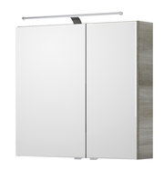Moderner Spiegelschrank mit zwei Türen und integrierter Beleuchtung, seitliche Perspektive