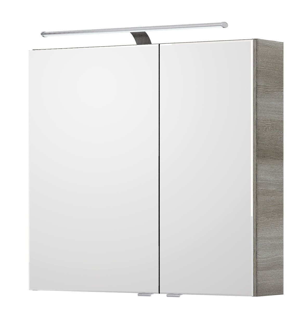 Moderner Spiegelschrank mit zwei Türen und integrierter Beleuchtung, seitliche Perspektive