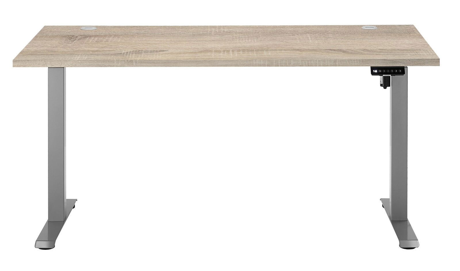 Elektrisch höhenverstellbarer Schreibtisch mit Holzoptik-Tischplatte und grauem Metallgestell, Frontalansicht