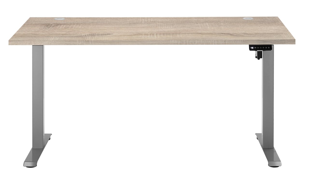 Elektrisch höhenverstellbarer Schreibtisch mit Holzoptik-Tischplatte und grauem Metallgestell, Frontalansicht