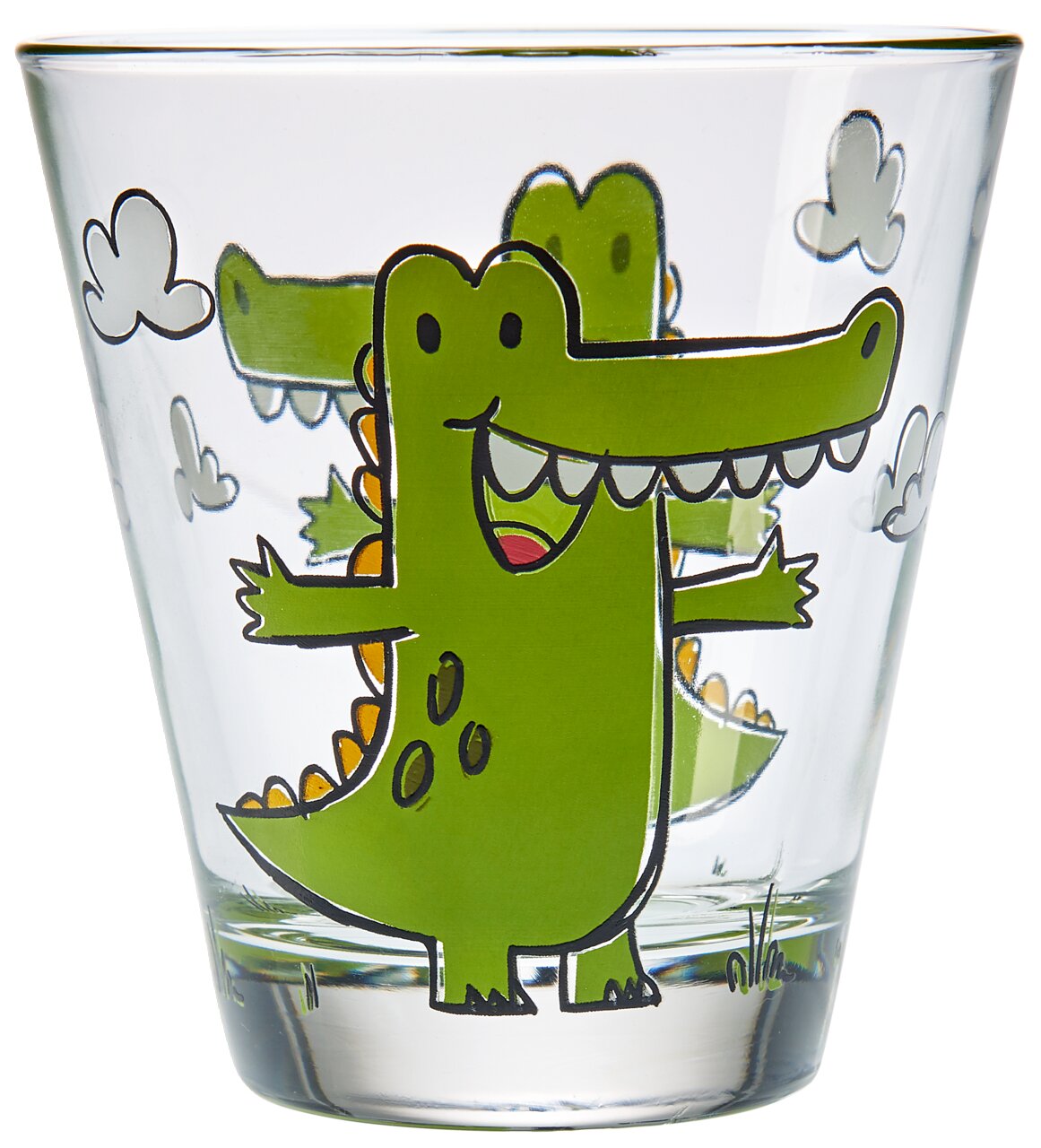 Kindertrinkglas mit fröhlichem Krokodilmotiv, Vorderansicht
