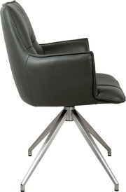 Schwarzer gepolsterter Leder-Armlehnenstuhl mit hoher Rückenlehne und silbernem Metall-Drehkreuzfuß, Seitenansicht von links