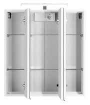 Moderner Spiegelschrank mit drei Türen, geöffnet, mit Steckdose und Beleuchtung, Frontalansicht.