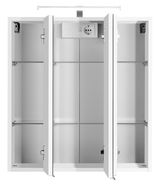 Moderner Spiegelschrank mit drei Türen, geöffnet, mit Steckdose und Beleuchtung, Frontalansicht.