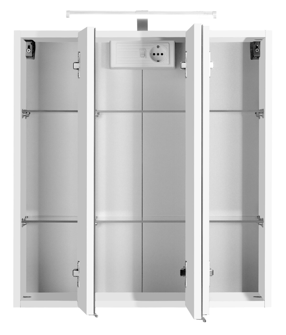 XORA Spiegelschrank BOLOGNA Moderner Spiegelschrank mit drei Türen, geöffnet, mit Steckdose und Beleuchtung, Frontalansicht.