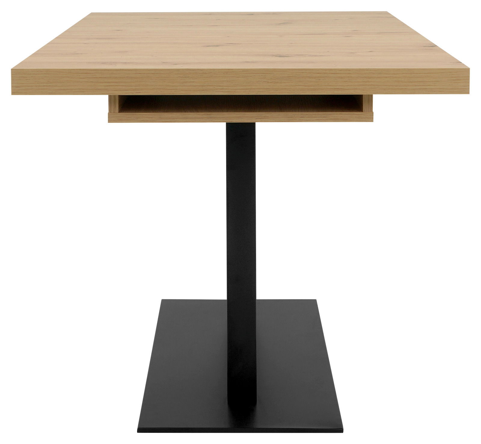 Moderner Esstisch mit Holzplatte und schwarzem Metallfuß, Seitenansicht