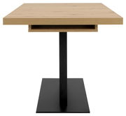 Moderner Esstisch mit Holzplatte und schwarzem Metallfuß, Seitenansicht