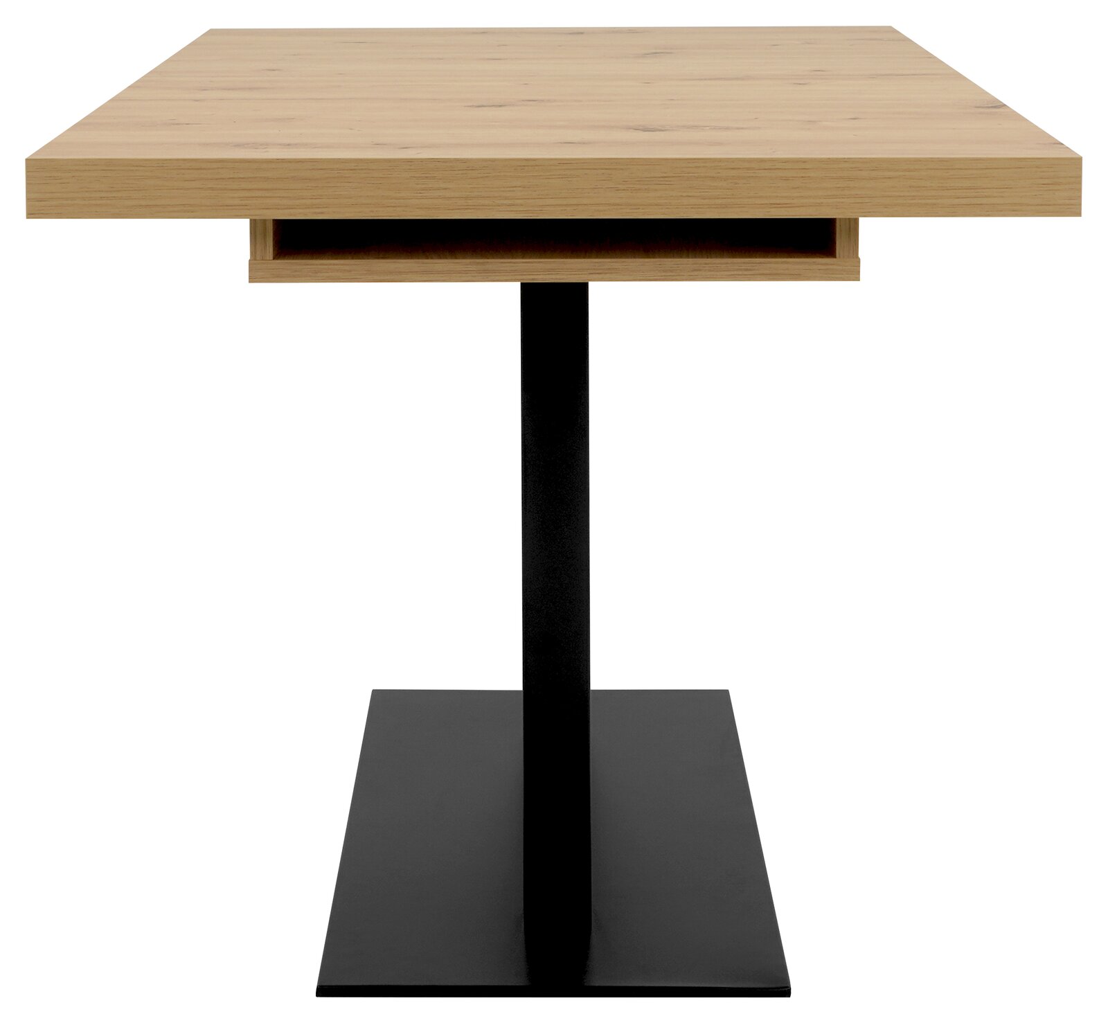 Moderner Esstisch mit Holzplatte und schwarzem Metallfuß, Seitenansicht
