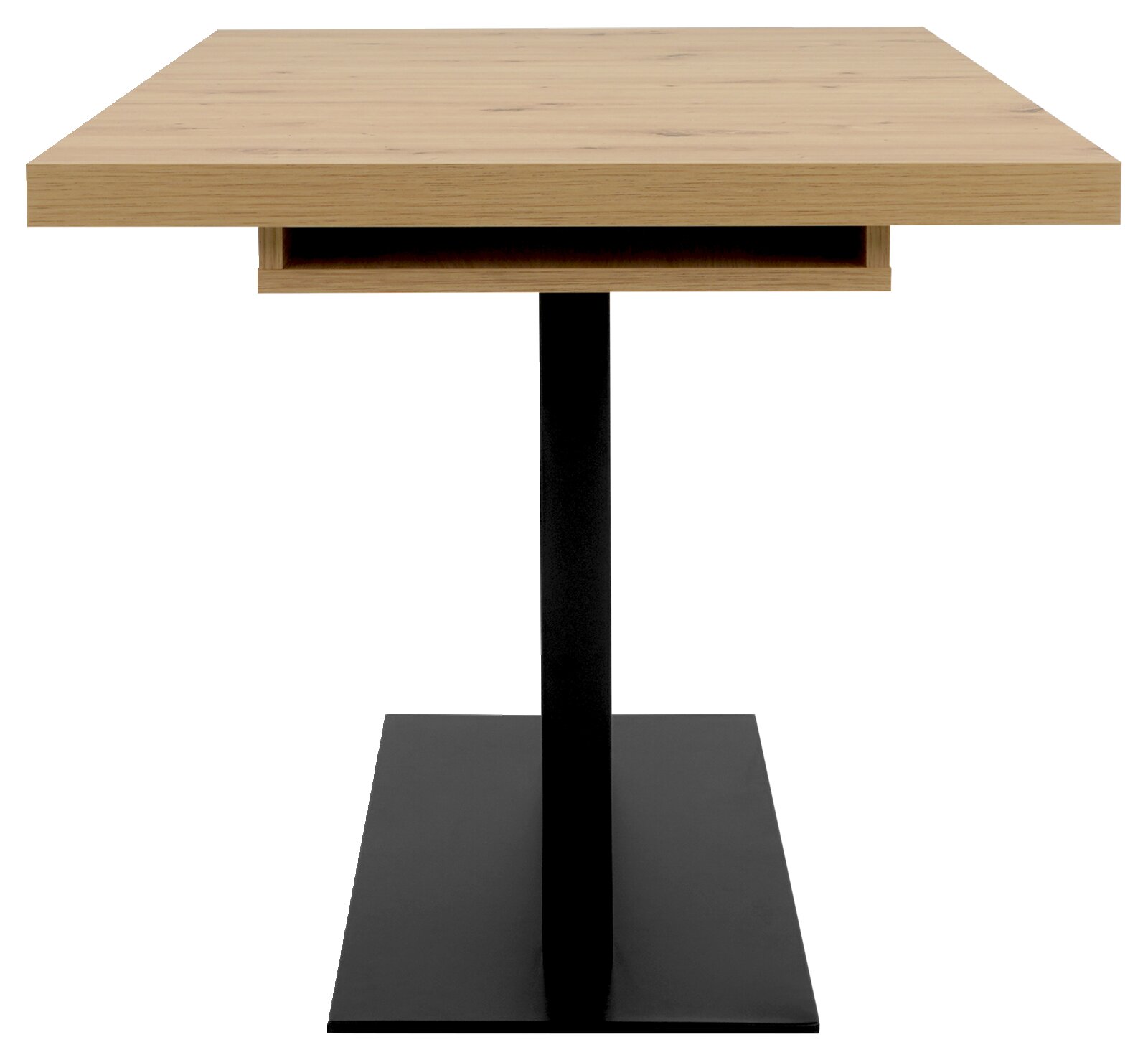Moderne eettafel met houten blad en zwart metalen onderstel, zijaanzicht