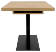Moderne eettafel met houten blad en zwart metalen onderstel, zijaanzicht