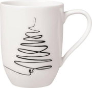 Weiße Tasse mit schwarzem, spiralförmigem Weihnachtsbaum-Design, seitliche Perspektive