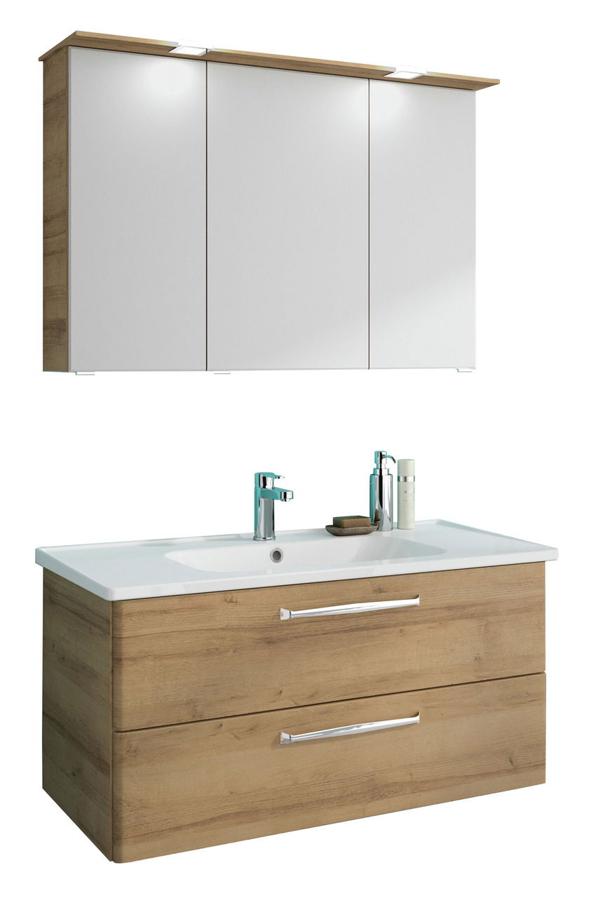 Moderner Badblock mit Holzoptik und weißem Waschbecken, Frontansicht