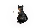 Schwarze Tischleuchte in Form einer sitzenden Katze, die eine leuchtende Kugel in den Pfoten hält, frontal betrachtet.