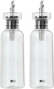 Zwei transparente AdHoc Öl- und Essigspender aus Glas mit Edelstahlausgießer und integriertem Filter, freigestellt vor weißem Hintergrund, Frontansicht