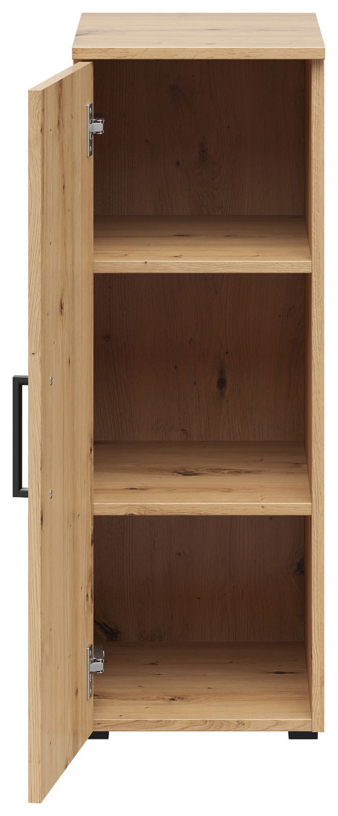 Mehrzweckschrank aus Holz mit geöffneter Tür, zeigt drei Regalböden, Frontalansicht