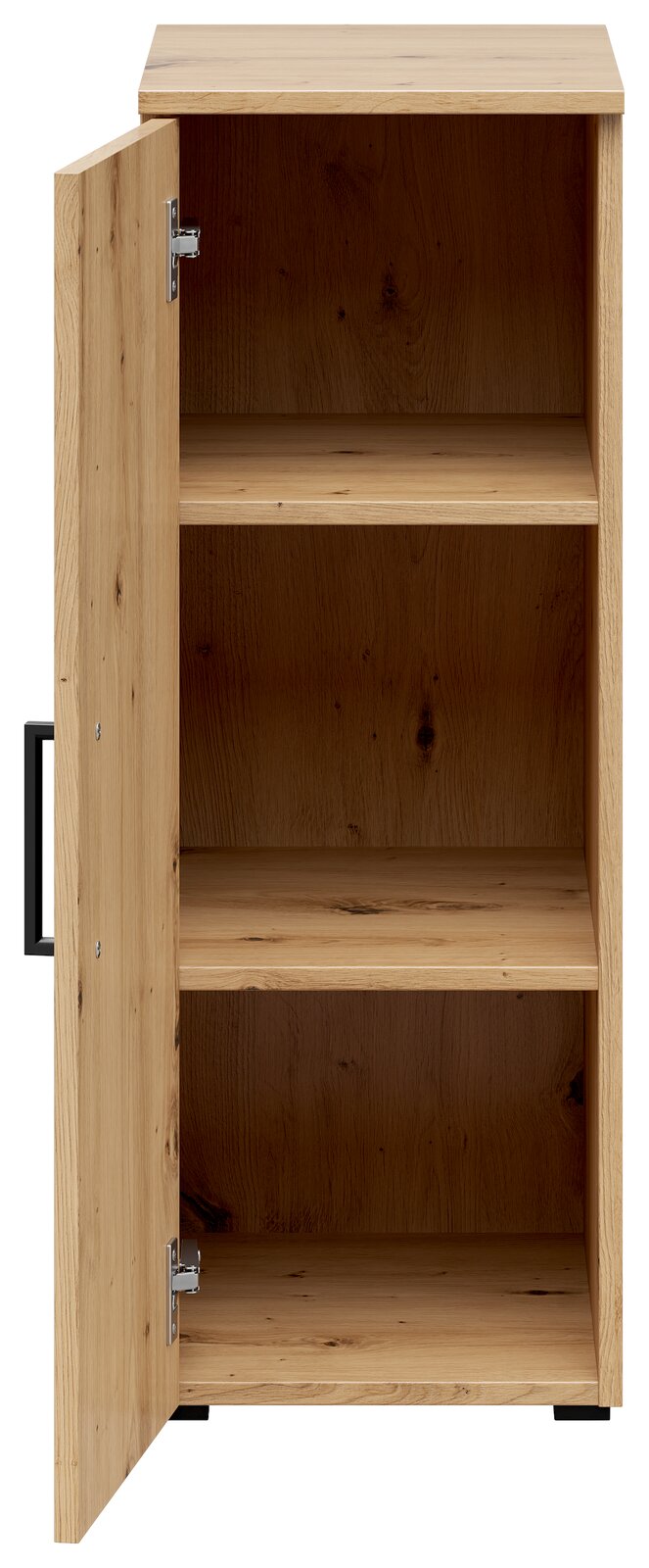 Mehrzweckschrank aus Holz mit geöffneter Tür, zeigt drei Regalböden, Frontalansicht