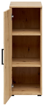 Mehrzweckschrank aus Holz mit geöffneter Tür, zeigt drei Regalböden, Frontalansicht