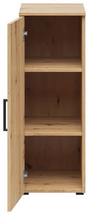 Mehrzweckschrank aus Holz mit geöffneter Tür, zeigt drei Regalböden, Frontalansicht