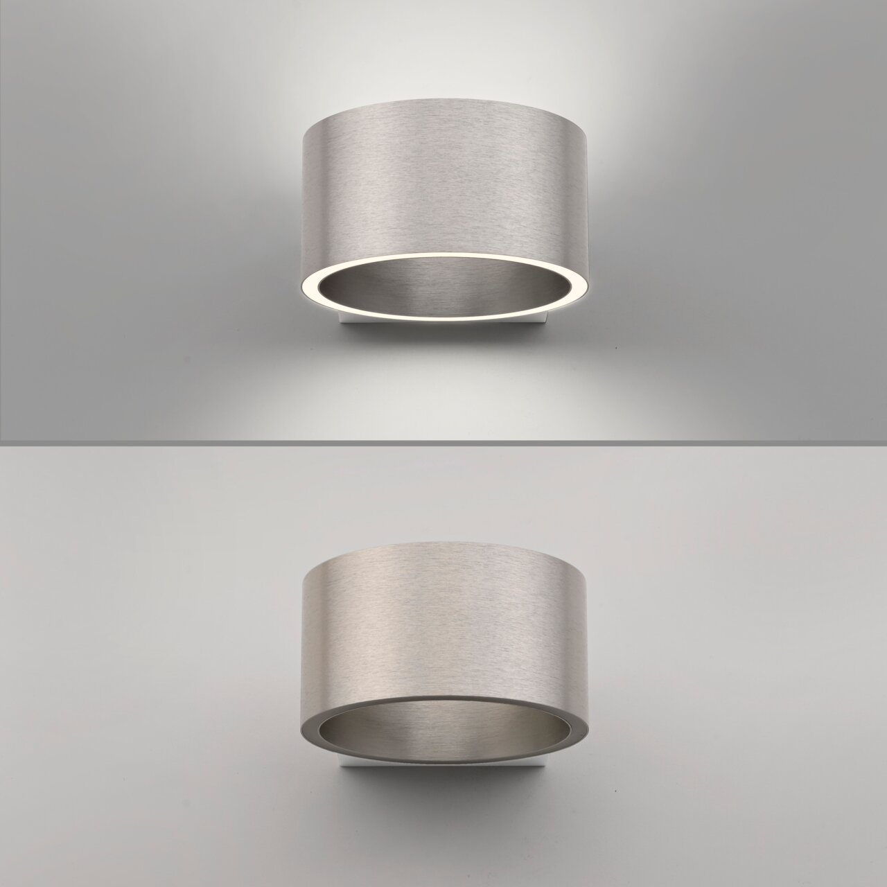 Moderne Wandleuchte PURE Clipse aus gebürstetem Metall, frontal und seitlich beleuchtet.