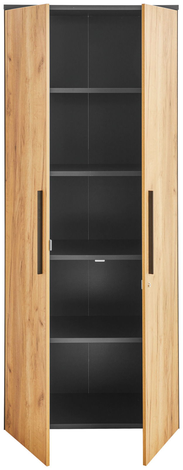 Aktenschrank 5OH breit mit Holzoptik, geöffnete Türen, frontale Ansicht