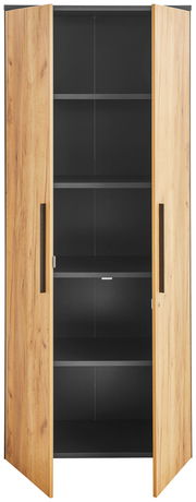 Aktenschrank 5OH breit mit Holzoptik, geöffnete Türen, frontale Ansicht