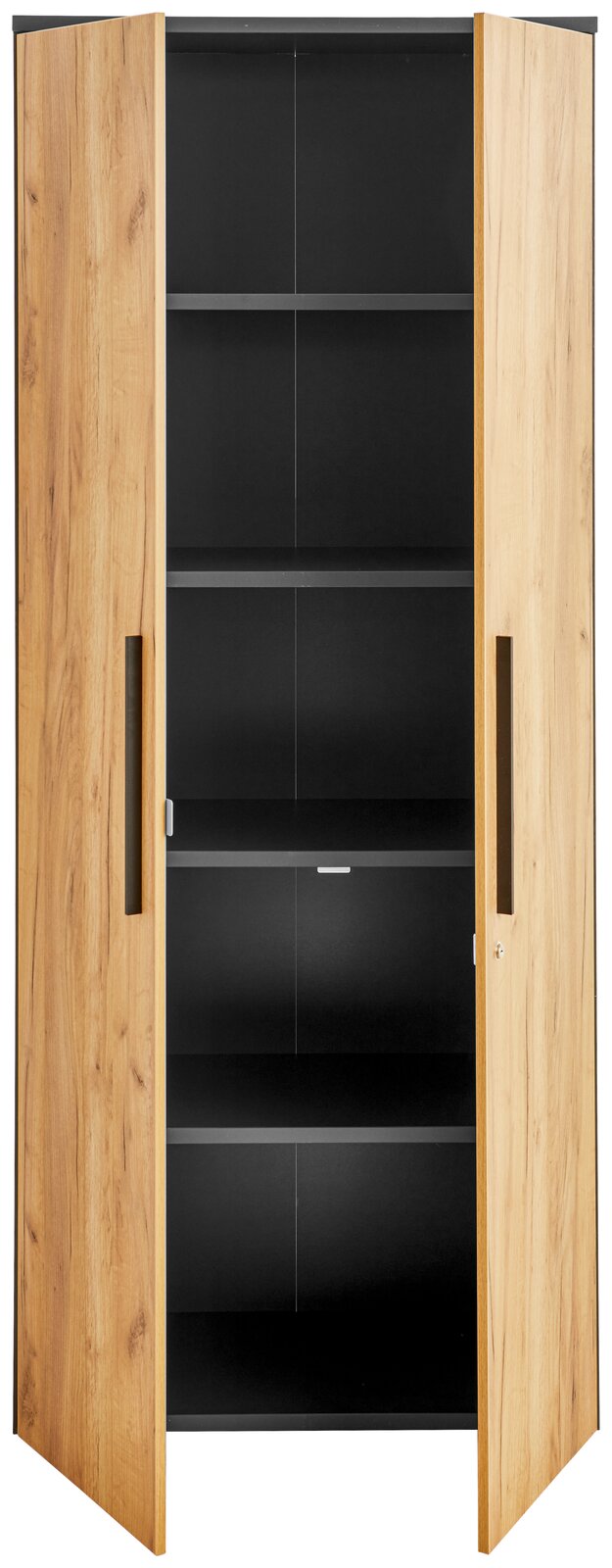 Aktenschrank 5OH breit mit Holzoptik, geöffnete Türen, frontale Ansicht