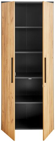 Aktenschrank 5OH breit mit Holzoptik, geöffnete Türen, frontale Ansicht