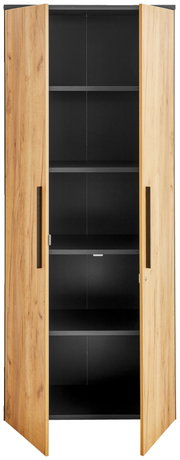 Aktenschrank 5OH breit mit Holzoptik, geöffnete Türen, frontale Ansicht