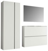 Garderobenset 180cm in moderner, minimalistischer Optik mit einem hohen Schrank, einem rechteckigen Spiegel und einer Kommode, seitliche Perspektive
