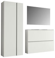 Garderobenset 180cm in moderner, minimalistischer Optik mit einem hohen Schrank, einem rechteckigen Spiegel und einer Kommode, seitliche Perspektive