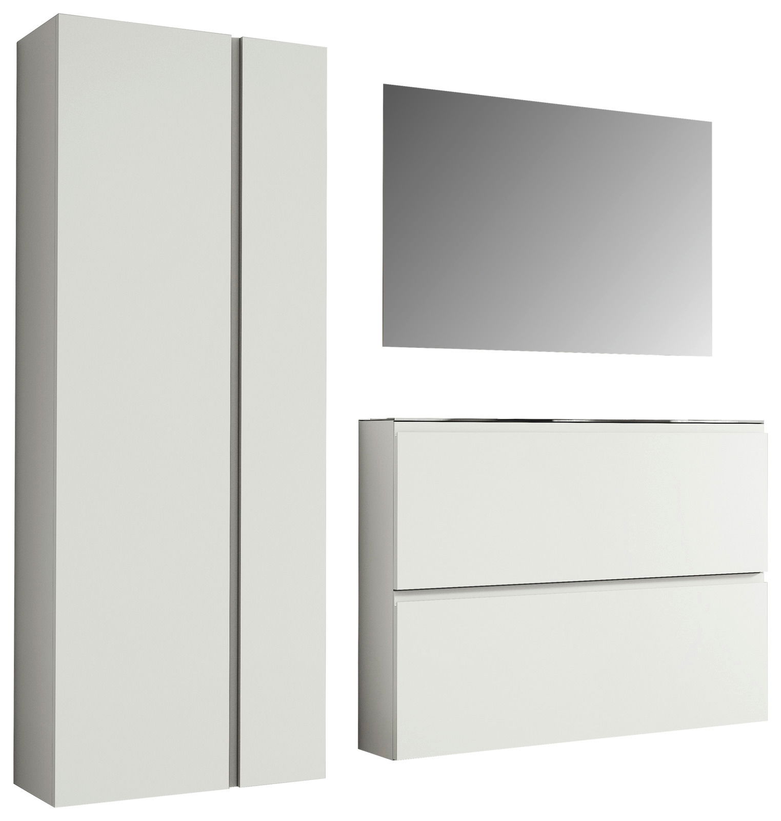 Garderobenset 180cm in moderner, minimalistischer Optik mit einem hohen Schrank, einem rechteckigen Spiegel und einer Kommode, seitliche Perspektive