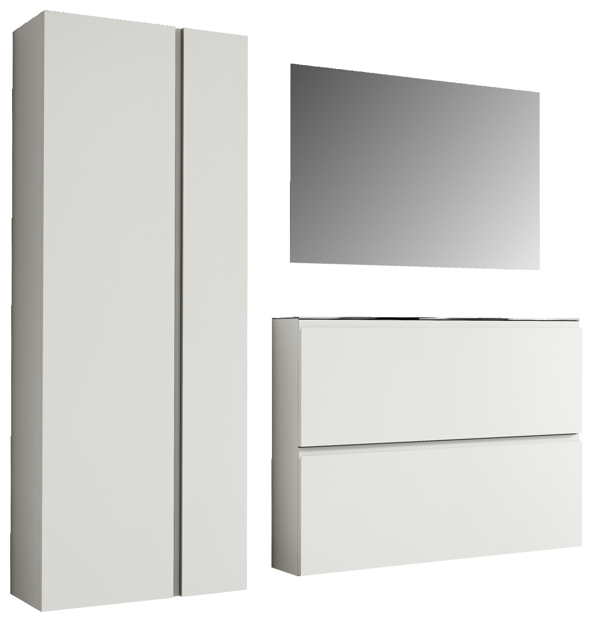 Moderano Garderoben-Set LECCO Garderobenset 180cm in moderner, minimalistischer Optik mit einem hohen Schrank, einem rechteckigen Spiegel und einer Kommode, seitliche Perspektive