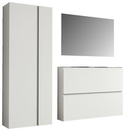 Garderobenset 180cm in moderner, minimalistischer Optik mit einem hohen Schrank, einem rechteckigen Spiegel und einer Kommode, seitliche Perspektive