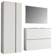 Garderobenset 180cm in moderner, minimalistischer Optik mit einem hohen Schrank, einem rechteckigen Spiegel und einer Kommode, seitliche Perspektive