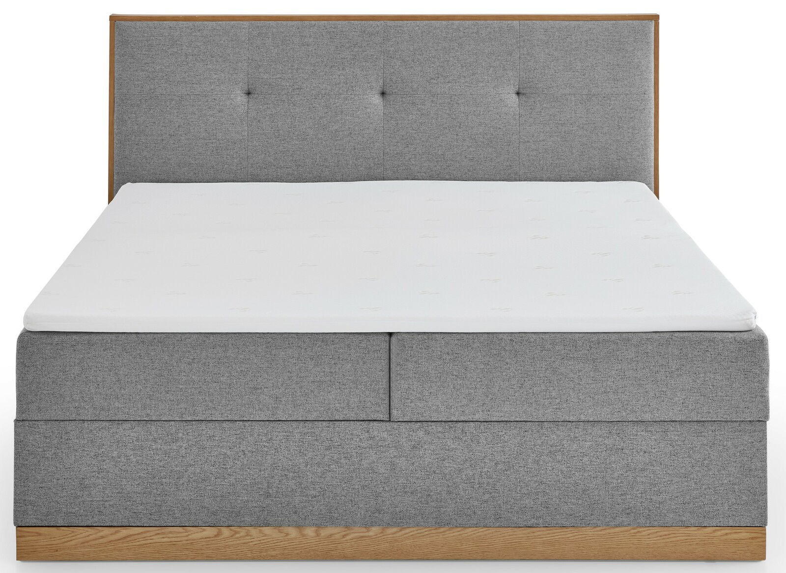 Graues Boxbett mit gepolstertem Kopfteil, Frontalansicht