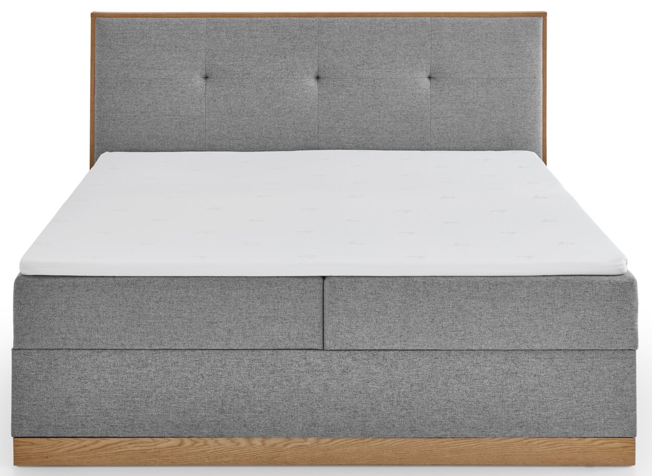 Graues Boxbett mit gepolstertem Kopfteil, Frontalansicht