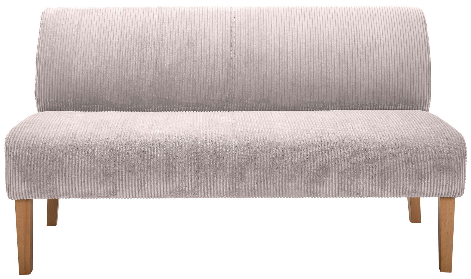 Graue Sitzbank mit Holzbeinen, Vorderansicht