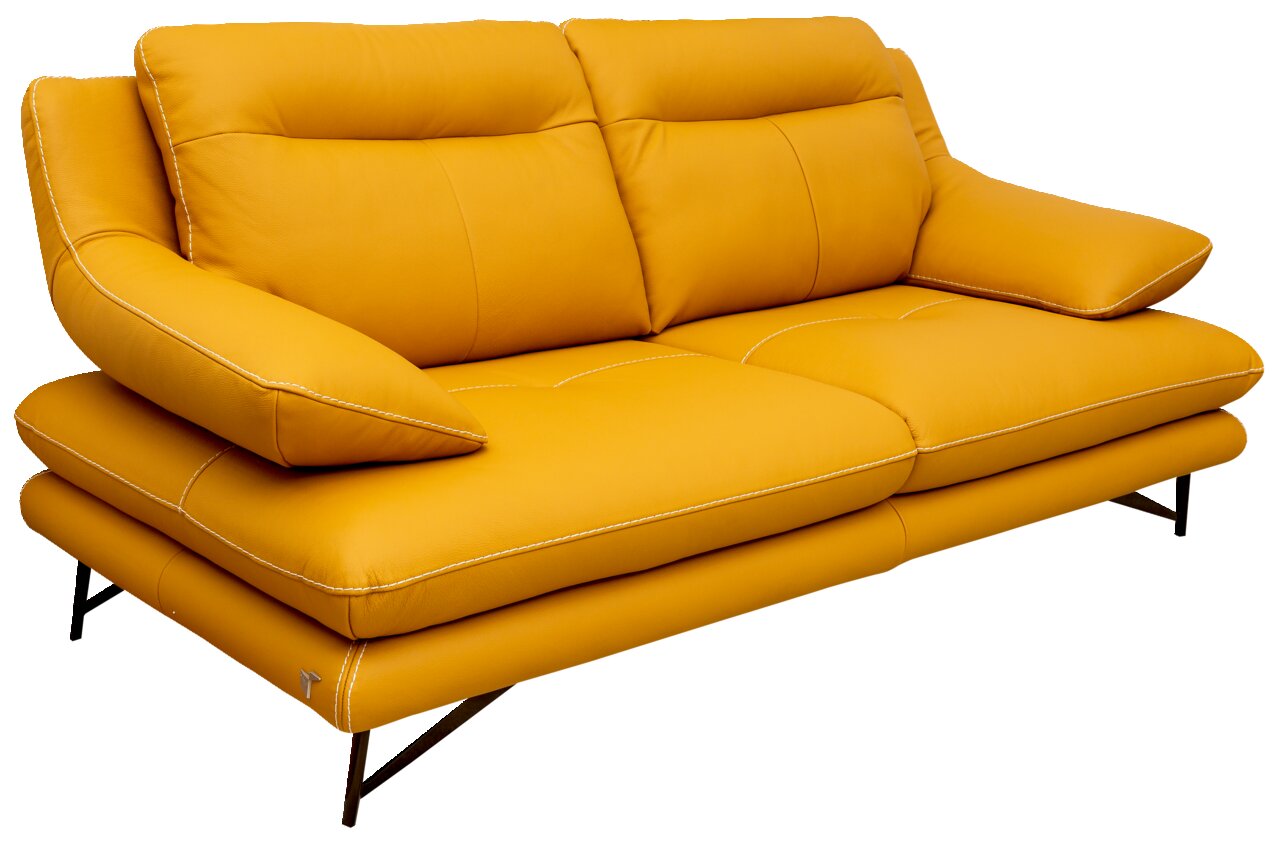 Gelbes Sofa mit modernem Design, seitliche Perspektive