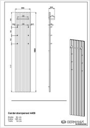 Garderobenpaneel 4409 in Front- und Seitenansicht, Maße: Breite 36 cm, Höhe 185 cm, Tiefe 14 cm, mit mehreren Haken und einer Stange.