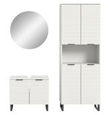 Badkombination bestehend aus einem runden Spiegel, einem niedrigen Unterschrank und einem hohen Hochschrank mit gerillten weißen Fronten, frontal betrachtet.